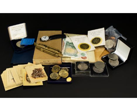A Large Tin Containing Mixed Coins Bank Notes And Ephemera Comprising various UK bank notes, several commemorative coins, vin