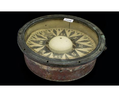 Large Self Leveling Compass. Paper Dial, Glass Mounts. 11½ Inches Diameter. Red Painted Tin Casing With Steel Outer Rim. Unma