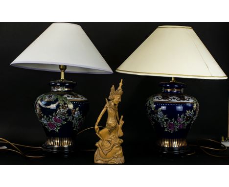 A Pair of Decorative Contemporary Ceramic Chinese Lamps  each raised on footed base, the ceramic body in cobalt blue, finishe