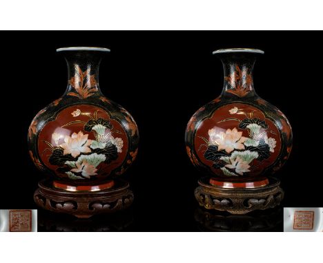 Japanese Pair of Ceramic Early 20th Century Globular Shaped Vases, Decorated with Images of Water Lilies to Central Panels, S