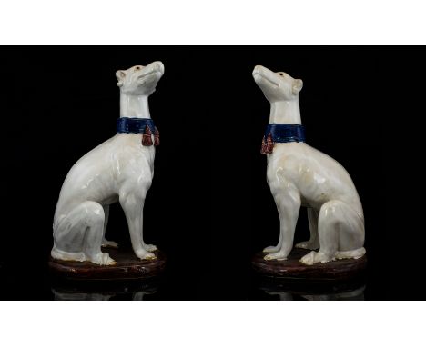 Italian - Pair of Large and Impressive Ceramic Hand Painted Figurines of Whippets - Seated. c.1960's - 1970's. Each 14 Inches
