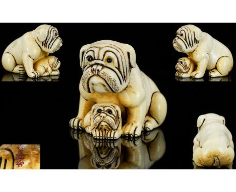 Japanese - 19th Century Fine Quality and Signed Ivory Netsuke of Two Bulldogs - Mother and Baby. Signed to Underside. 1.25 In