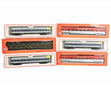 IHC and Model Power H0 Gauge Coaches, a boxed collection including IHC, Rock Island Golden Rocket Coaches in red and silver l