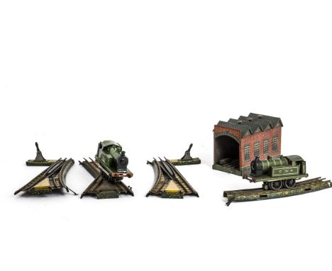 Bing Table Top 00 Gauge Electric Trains, comprising GWR green and LNER green 2-4-0 Tank Locomotives, both F, need attention/r