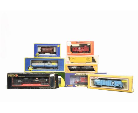 American HO Goods Wagons, a boxed collection including tank wagons, Caboose, stock cars, hoppers, log loader and others by va
