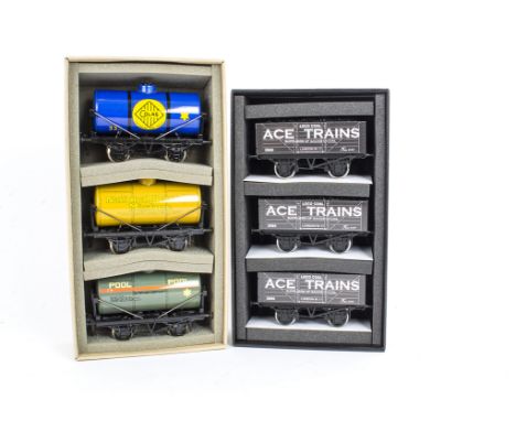 Two ACE Trains 0 Gauge Coarse-scale 3-wagon Sets, comprising Tanker set 6 containing blue 'Colas', yellow 'National Benzole' 