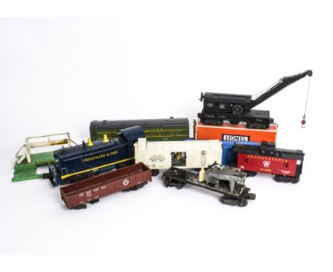 Lionel 0 Gauge 'Plastic-Era' Trains, including two Chesapeake and Ohio diesel switchers no 624 in blue (one repainted), three