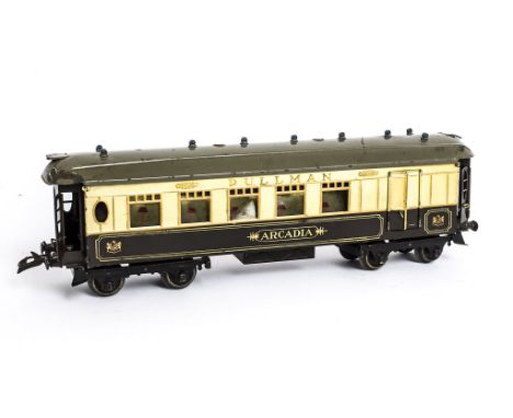 A Hornby 0 Gauge No 2 Special Pullman Brake Coach, named 'Arcadia', with grey roof and earlier cream cantrails, G-VG, light p