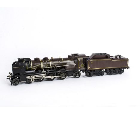 An AS Models (France) 0 Gauge 3-rail SNCF Chapelon Pacific 4-6-2 Locomotive and Tender, in brown with brass trim and yellow c
