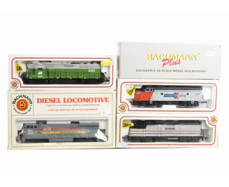 Bachmann H0 Gauge Diesel Locomotives, a boxed group including  64505 EMD F40PH and 41-615-05 EMD F9 both in silver Amtrak liv