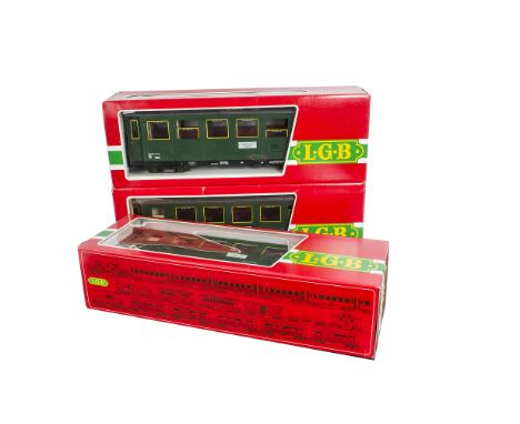 LGB G Scale Austrian (ÖBB) Coaching Stock, comprising three ref 3062 coaches in green livery with 'Zell am See - Krimml' runn