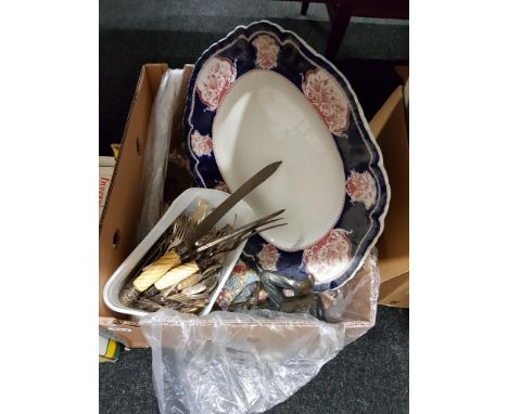 BOX LOT TO INCLUDE CUTLERY, VICTORIAN PLATTER, FIGURE ETC