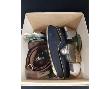 BOX OF MILITARY PATCHES, BUTTONS, EPNS RAF CIGARETTE CASE, HIP FLASK AND MILITARY CIGARETTE CASE