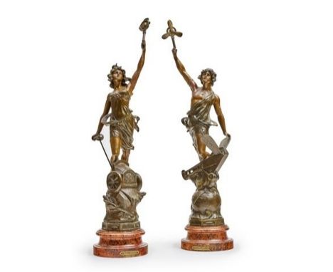 Automobile &amp; AviationA pair of Ferrand-style allegorical figures, in composite metal, circa 1909. One is a woman perched 