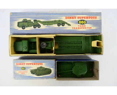 Dinky - 2 x boxed military models, Thorneycroft Mighty Antar Tank Transporter # 660 and Centurion Tank # 651. The models appe