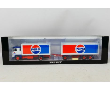 Minichamps - Boxed 1/43 scale #499 123840 Scania LB110 Kofferzug Pepsi Truck with Trailer. Item appears in near mint conditio