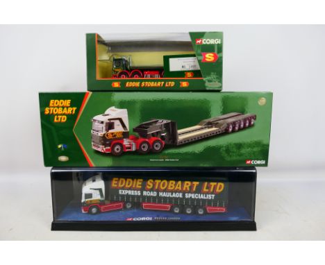 Corgi - Eddie Stobart - 3 x boxed trucks, AEC 8 Wheel Platform lorry # 20903, Scania Low Loader # CC12203 and an ERF EC serie