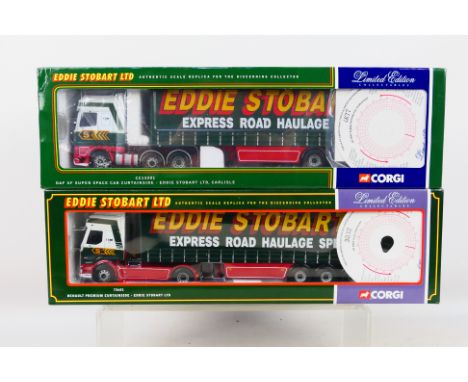 Corgi - Eddie Stobart - 2 x boxed limited edition trucks in 1:50 th scale, DAF XF Super Space Cab Curtainside number 4677 of 