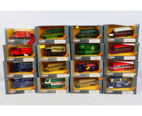 Corgi - 16 boxed Diecast vehicle in 1/43 scale. Includes C949/8 Bedford Type OB Coach, #C945/6 AEC 508 Foward Control 5 Ton C