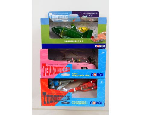 Corgi - Thunderbirds - 3 x boxed model sets, Thunderbird 1 & 3 # CC00901, Thunderbird 2 & 4 # CC00803 and Lady Penelope's FAB