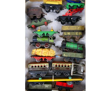Hornby - Marklin - A group of O gauge locomotives and rolling stock including a Trinidad Lake Asphalt wagon, Breakdown Crane,