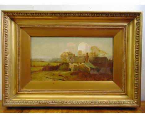 R. Lindow framed and glazed oil on canvas of a country cottage, signed and dated 1911 bottom right, 26 x 46cm