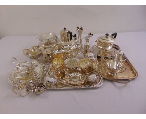 A quantity of silver plate to include a Mappin and Webb teaset, condiments, sauce boats and trays