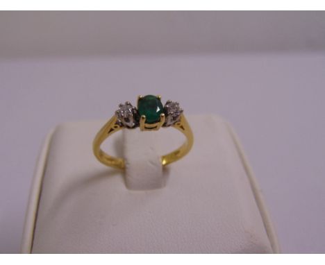 18ct yellow gold emerald and diamond three stone ring, approx total weight 2.9g