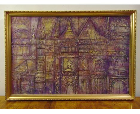 Jack Ray framed acrylic abstract of architectural facades, signed bottom right, 60 x 90cm
