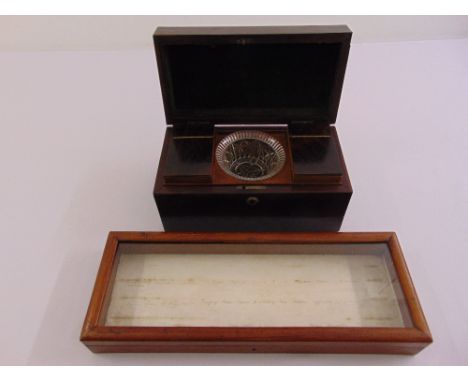 A 19th century rectangular mahogany tea caddy to include a glass mixing bowl and a glazed wooden framed display case