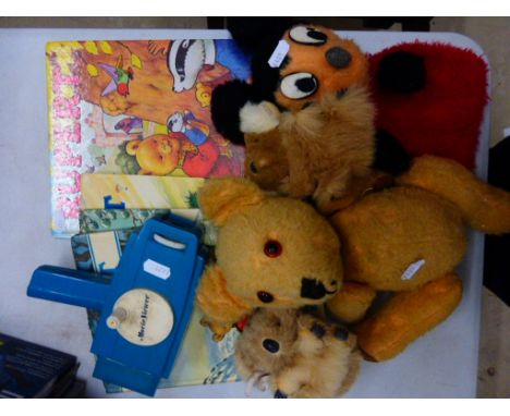 Four vintage Rurpert Bear annuals and 4 x soft toys including Disney Mickey Mouse puppet, 2 X Koalas and vintage teddy bear e