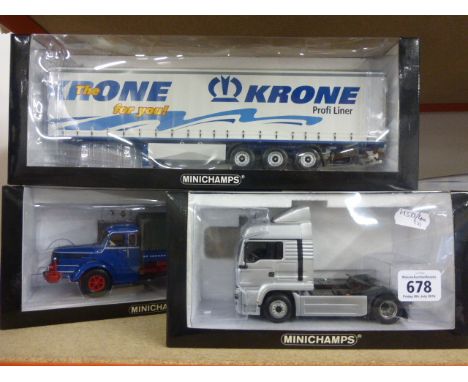 Three limited edition boxed Minichamps 1:43 scale die cast trucks to include; Krone Profiliner Articulated Sidecurtain traile