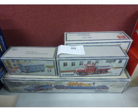 5 Boxed German NZG Models Diecast vehicles; Bauwagen, Faun typ 1206 x 2, O & K typ L651, Kaelble typ KDV22 Z 8 T - all boxed 