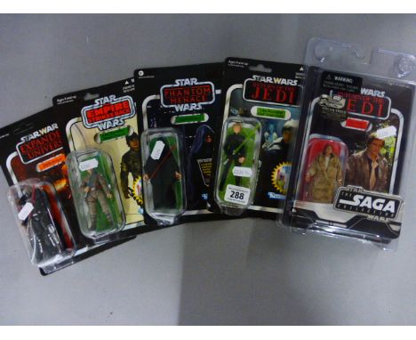 Five carded Star Wars figures to include Saga Collection Han Solo, and Vintage Collection x 4 (Darth Sidious, Darth Malgus, L