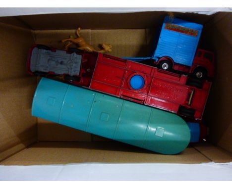 Three vintage play worn Corgi Chipperfield Circus vehicles to include Articulated Horse Box x 2 and Bedford Tractor Unit with