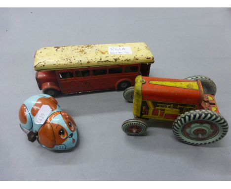 Minic tin plate friction bus plus Metoy tin plate tractor and Yone tin plate clockwork dog