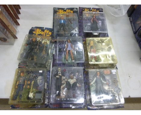 A collection of eight carded scale model Moore Action Collectables relating to the TV series Buffy the Vampire Slayer to incl
