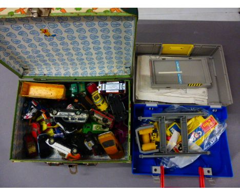 Quantity of loose die-cast vehicles in vintage Warner Bros case to include Corgi, Majorette etc, plus a Corgi Hot Wheels gara