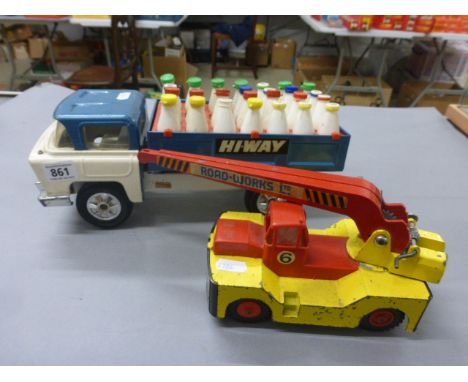 Two vintage Triang diecast vehicles to include Hi-Way bottle truck with bottles (2 missing) and a Road wok crane