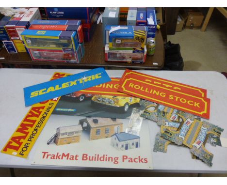 Collection of vintage ex Shop Display signage to include Scalextric You Steer, Scalextric, Hornby model railway and Tamiya
