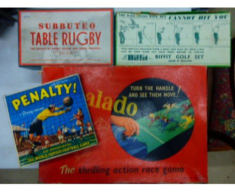 Group of four vintage sporting board games to include Subbuteo Rugby, Biffit Golf Set, Chad Valley Escalado and Pepys Penalty