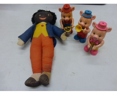 Vintage Deans Golly soft toy plus set of plastic musical clockwork Three Little Pigs