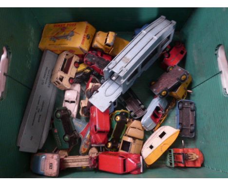 Collection of vintage play worn Dinky diecast vehicles plus tin plate including Trojan x 3 (ESSO, Dunlop & Chiivers Jellies),
