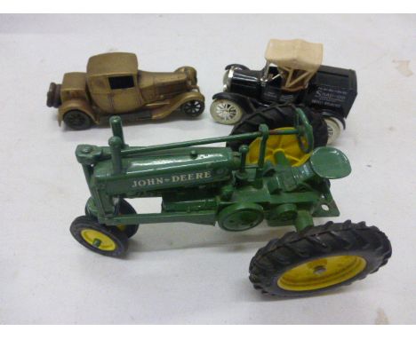 Diecast ERTL John Deere tractor, metal FAL Italy 1928 Bugatti Tipo 44 and an ERTL Ford Runabout