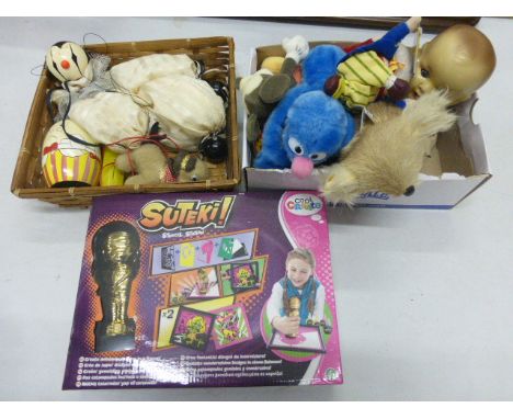 Group of soft toys including Mickey, Big Ears etc plus Nesting Egg, vintage puppet etc