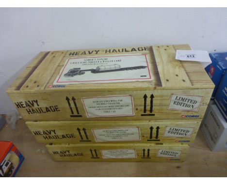 3 Boxed Corgi 1:50 Scale Limited Edition Heavy Haulage Vehicles; CC13213 Allely's Heavy Haulage Ltd, CC12810 Sandy Kydd Trans