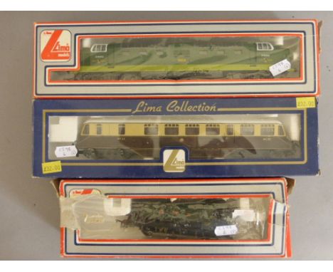 Model Railway - Three boxed Lima engines to include 'Collection' 205132A7 Rail Car GWR, 205105MWG Meld Diesel and GWR Tank En