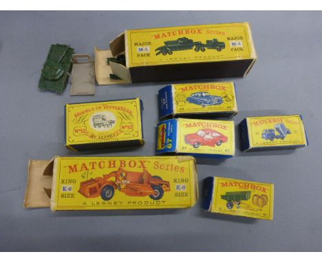 Seven boxed Matchbox diecast vehicles to include King Size K-6, 51 Trailer, 67 Volkswagen 1600TL, Y-12 Horse Box, 28 Mark Ten