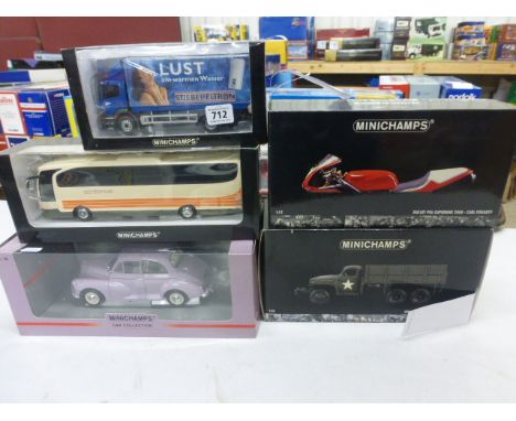 A collection of five various Minichamp die cast models to include; 1:18 scale Morris Minor Million; 1:43 scale Mercedes - Ben