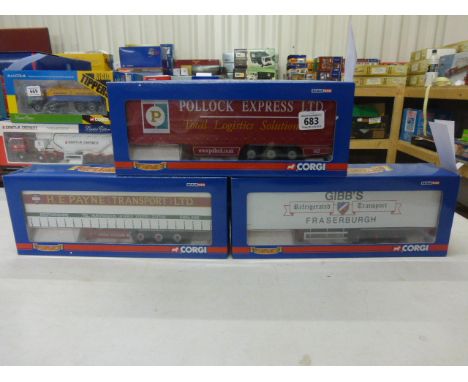 Three boxed Corgi 'Haulers of Renown' 1:50 scale die cast haulage trailers to include CC19902 Fridge Trailer - Gibbs of Frase